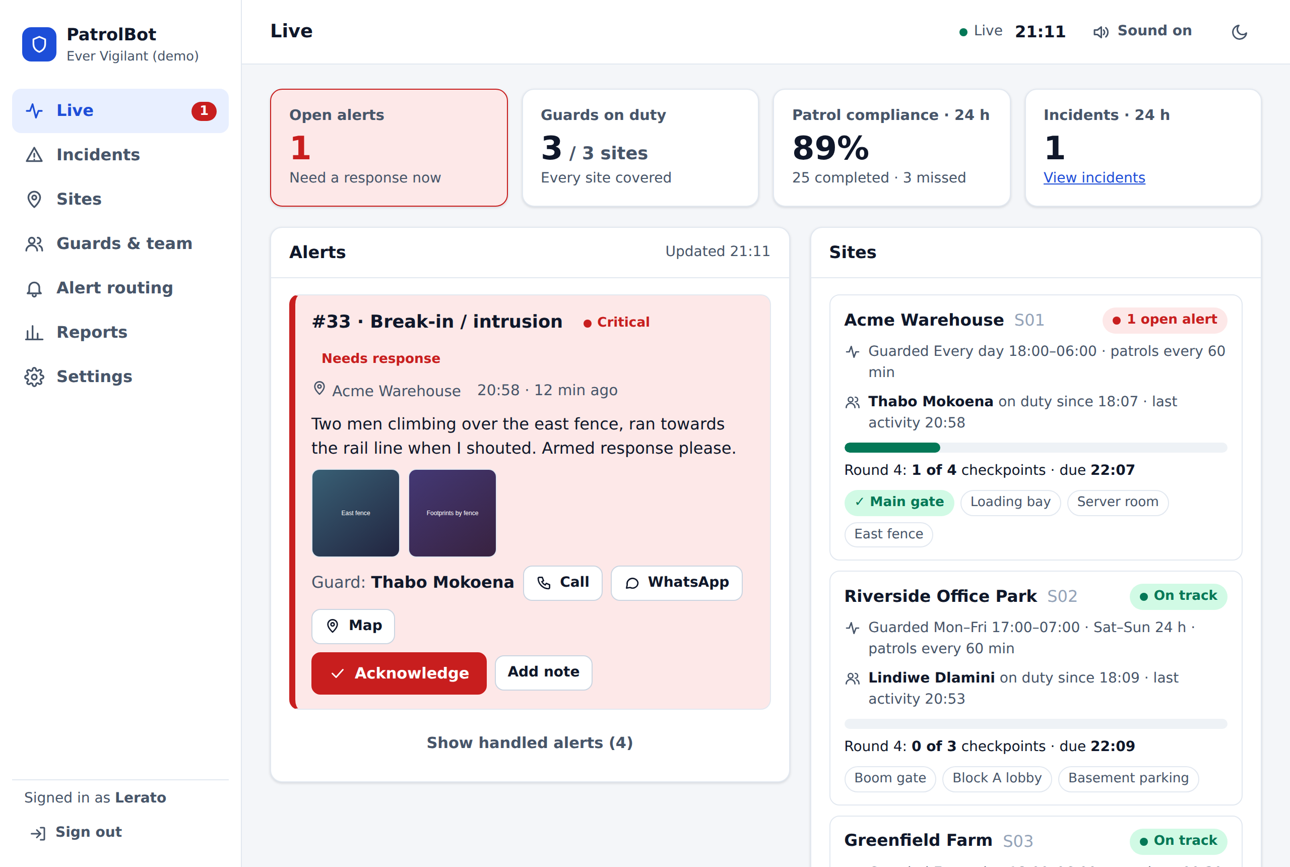 PatrolBot SA live control room showing sites, rounds and open alerts